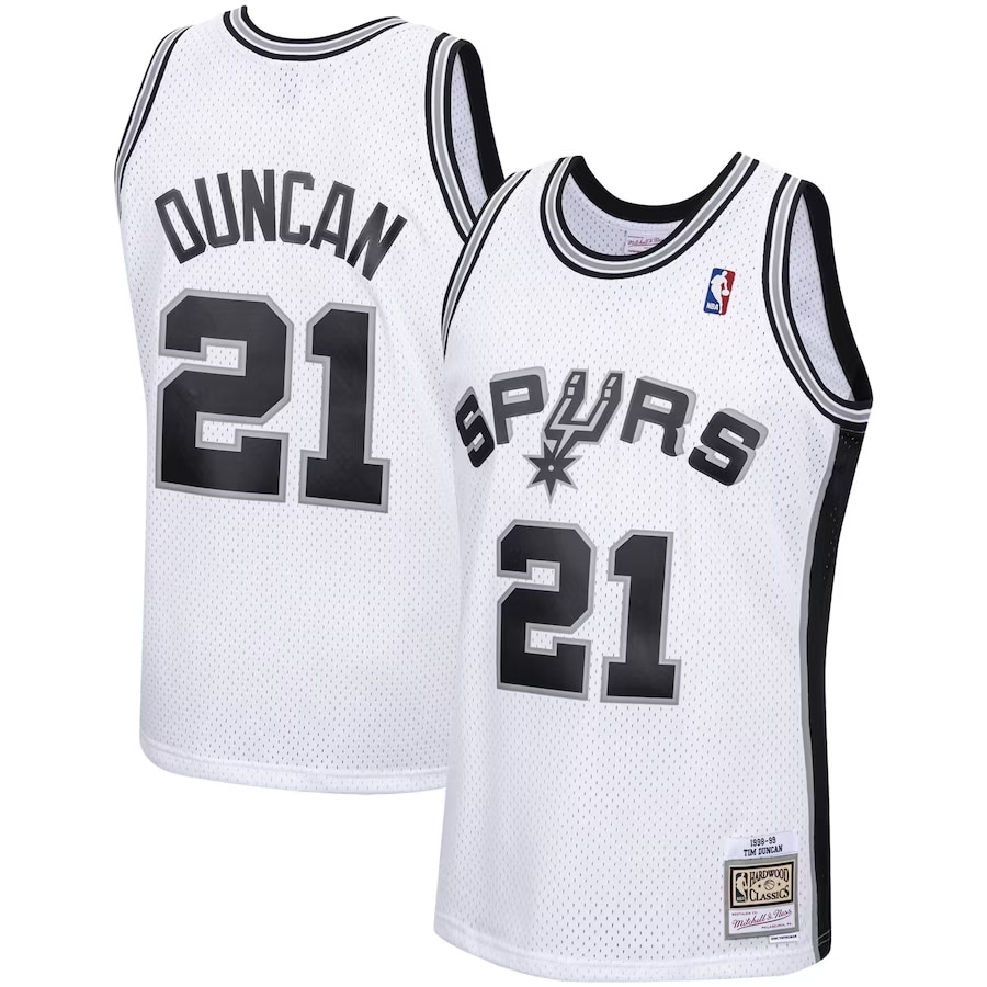 Tim Duncan Spurs Mitchell & Ness '98-99 hardwood classics jersey - White colorway on a white background.