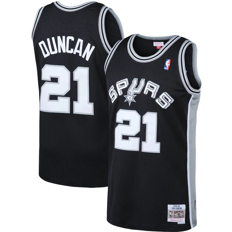 Tim Duncan Spurs Mitchell & Ness big & tall classics jersey - Black colorway on a white background.