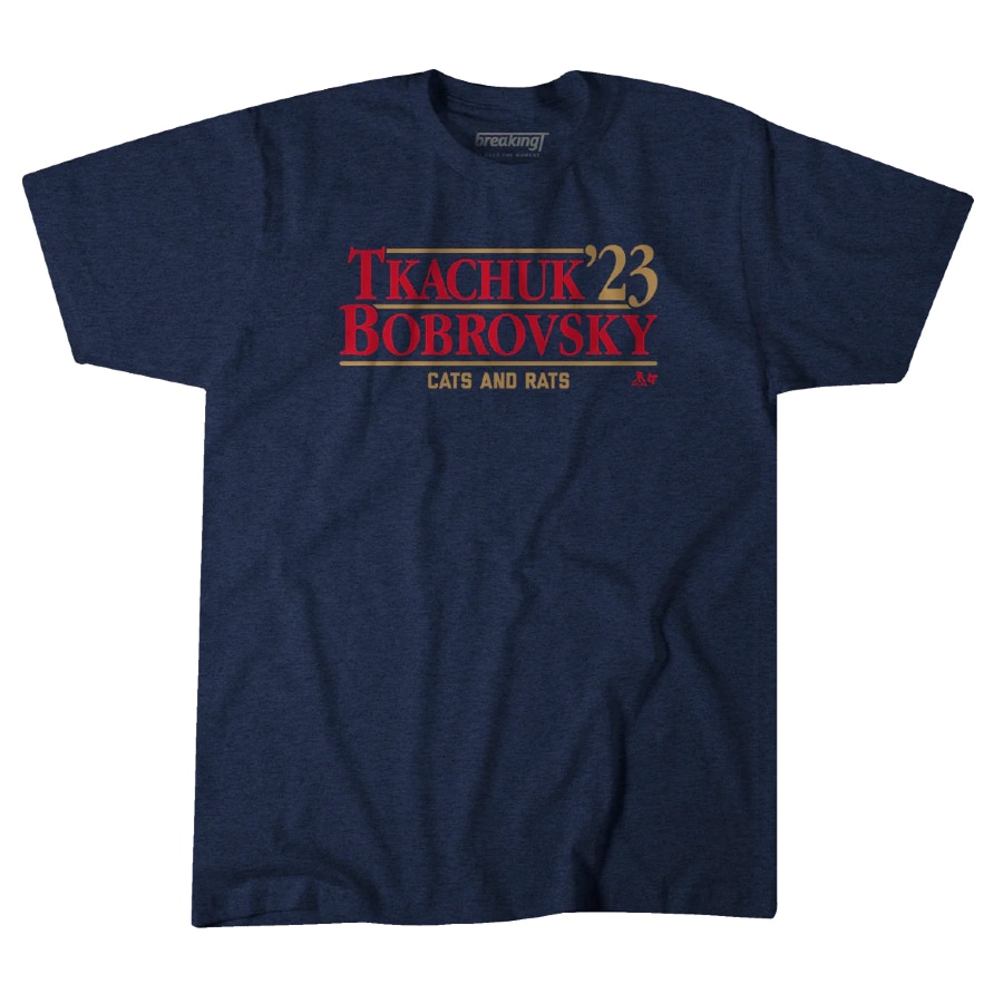 Tkachuk Bobrovsky '23 t-shirt - Navy colored on a white background.