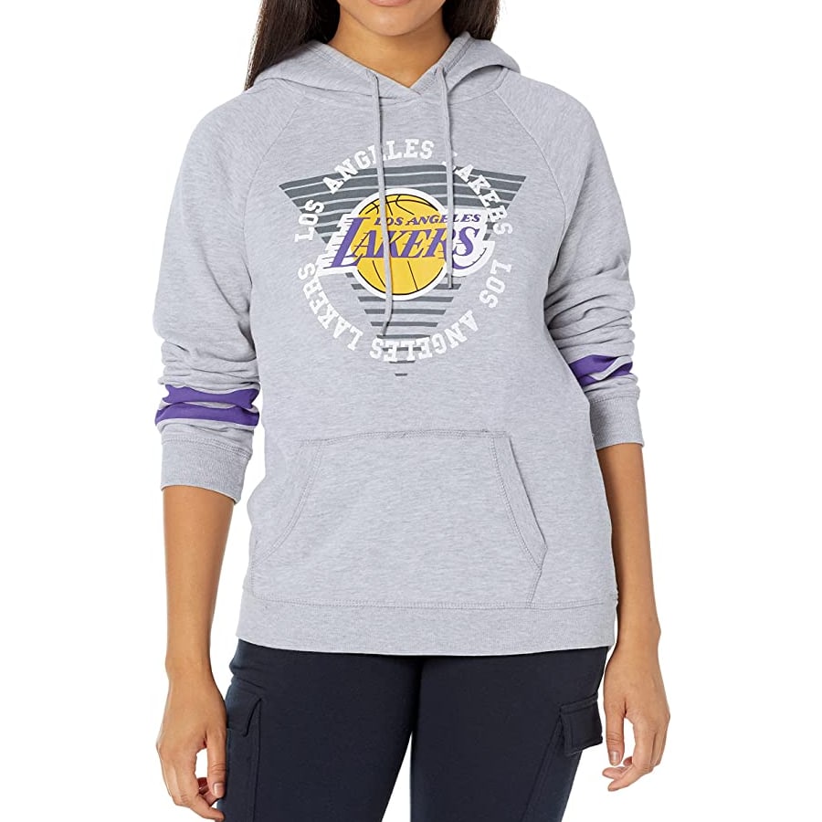 Ultra Game Womens Soft Fleece Pullover Hoodie with Varsity Stripe grey colorway in a white background.