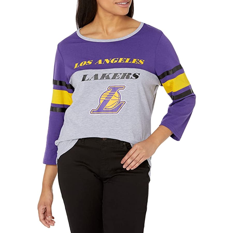 Ultra Game Women's T Raglan Baseball 3/4 Long Sleeve Tee Shirt purple and grey colorway on a white background.