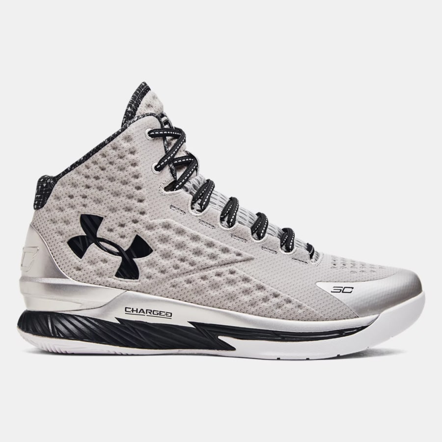 Unisex Curry 1 Retro 'Black History Month' Basketball Shoes - Silver/Black colorway on a gray background. 