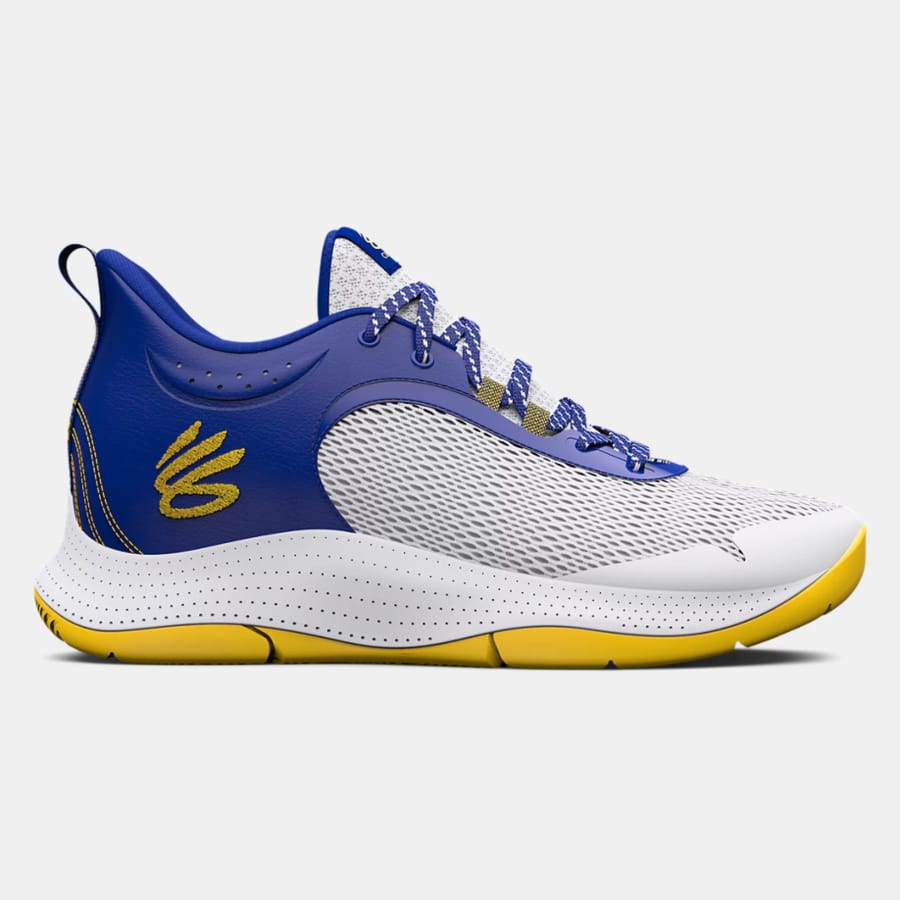 Unisex Curry 3Z6 Basketball Shoes - White/Royal Blue colorway on a gray background. 