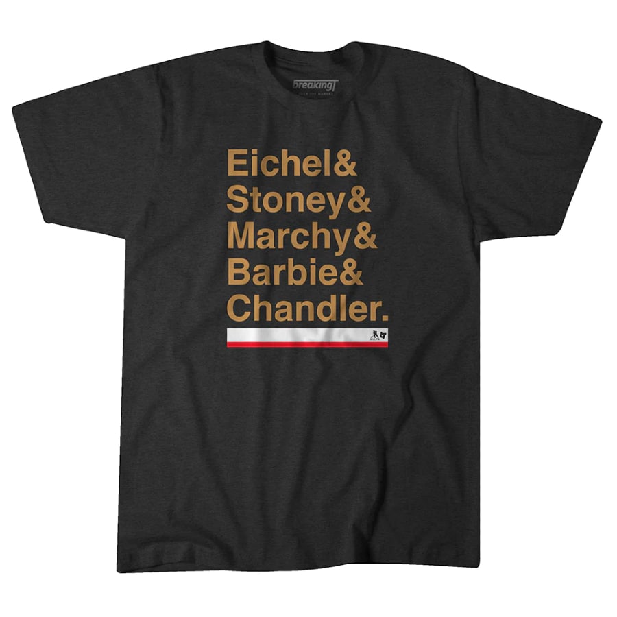 Vegas: Eichel & Stoney & Marchy & Barbie & Chandler t-shirt - Black colorway on a white background. 