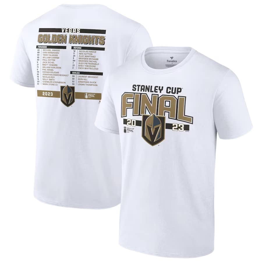 Vegas Golden Knights '23 Stanley Cup Final roster t-shirt - White color on a white background.