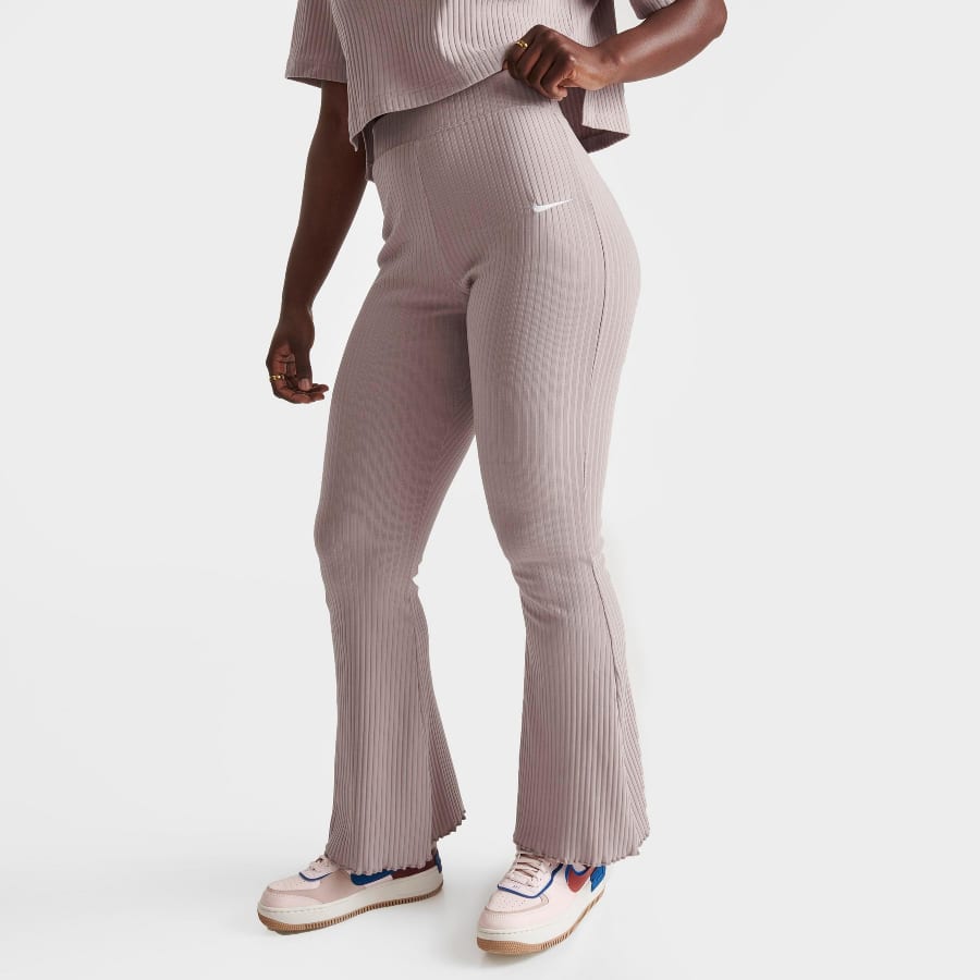 Nike women's Sportswear high-waisted wide leg ribbed pants - Diffused taupe colorway on a grey background.