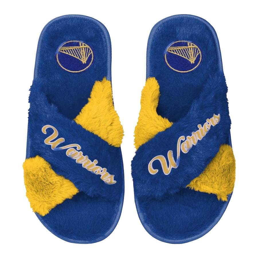 Warriors FOCO Women's Faux Fur Slide Slippers - Royal and yellow colors on a white background.