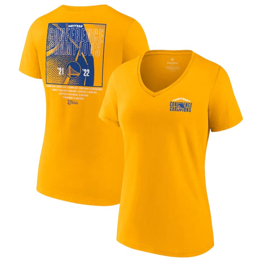 Warriors Fanatics Women's '22 Western Champions V-Neck T-Shirt - Gold colorway on a white background.