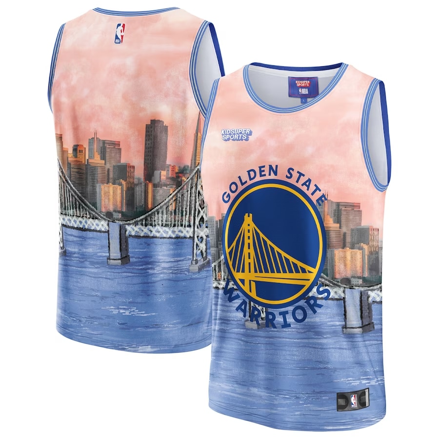 <img src="https://fanatics.frgimages.com/golden-state-warriors/unisex-nba-and-kidsuper-studios-by-fanatics-blue-golden-state-warriors-hometown-jersey_pi5257000_altimages_ff_5257767-d32ee38f29ebde5ae7b5alt1_full.jpg?_hv=2&w=900" alt="Golden State Warriors NBA & KidSuper Studios by Fanatics Unisex Hometown Jersey - Blue and pink colorway on a white background.
