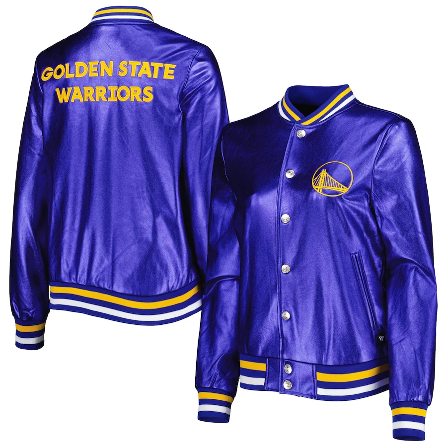 Warriors The Wild Collective Unisex Metallic Full-Snap Bomber Jacket - Royal colorway on a white background.