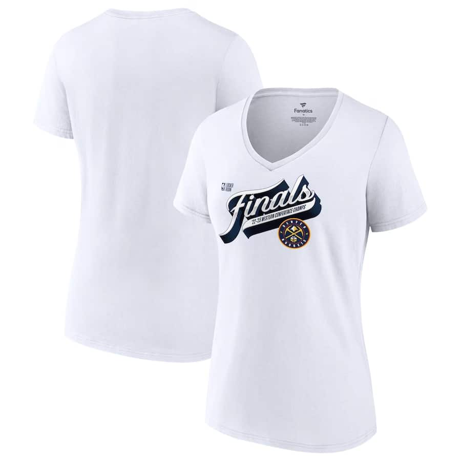Women's Nuggets 2023 locker room authentic v-neck t-shirt - White colorway on a white background.