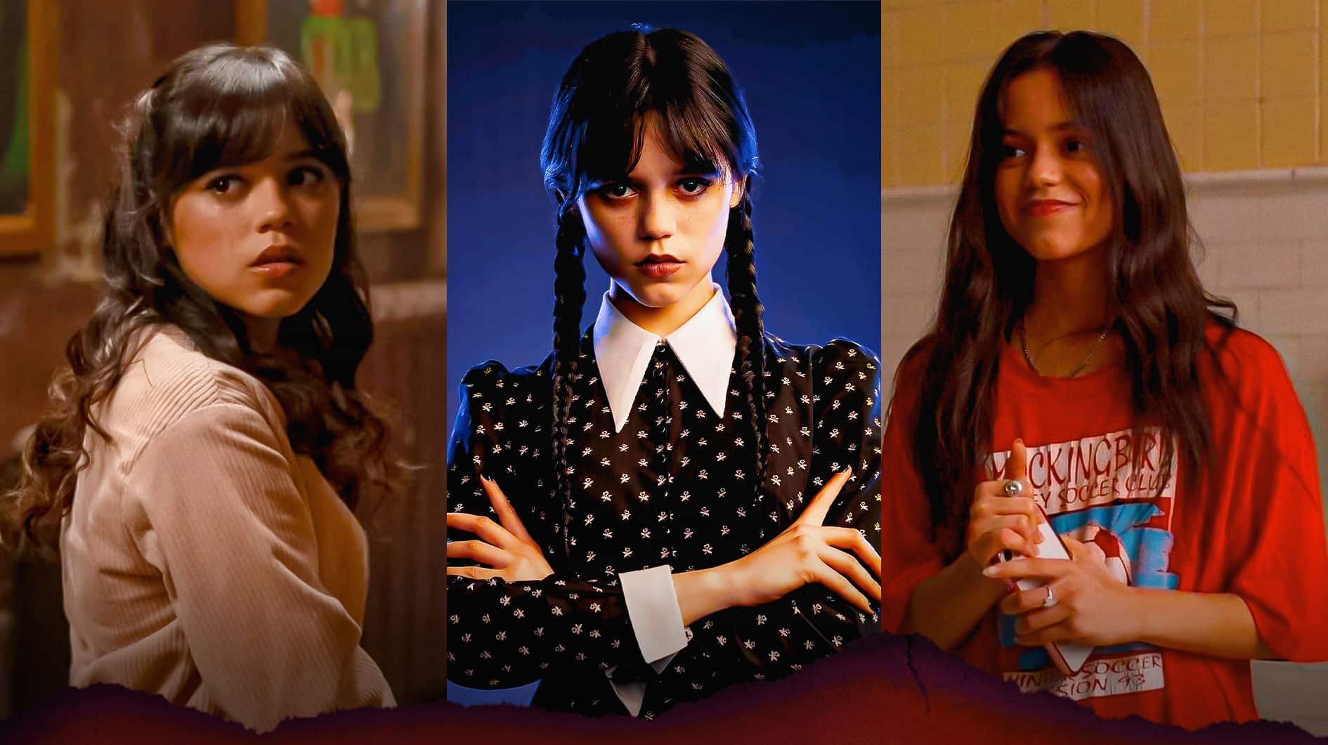 Jenna Ortega as Tara Carpenter in the Scream movies, as Wednesday Adams in Wednesday, and as Vada Cavell in The Fallout.
