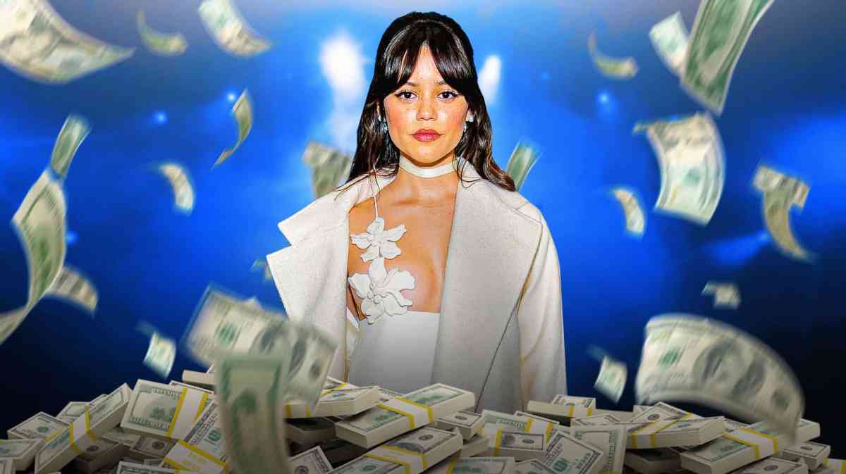 Jenna Ortega surrounded by piles of cash.