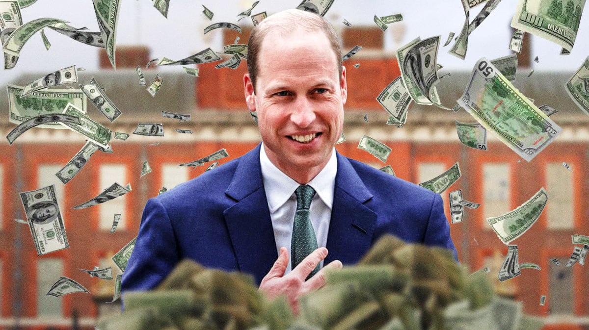Prince William surrounded by piles of cash.