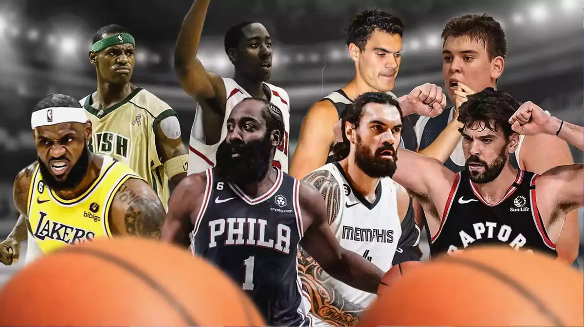 At the top: Young LeBron James in St. Vincent-St. Mary High School jersey, young James Harden in Artesia high school uniform, Steven Adams OKC uniform (rookie year), young Marc Gasol in Lausenne Collegiate School jersey At the bottom: Bearded LeBron James (Lakers uniform), James Harden (sixers uniform), Steve Adams (Grizzlies uniform), Marc Gasol (Raptors uniform)