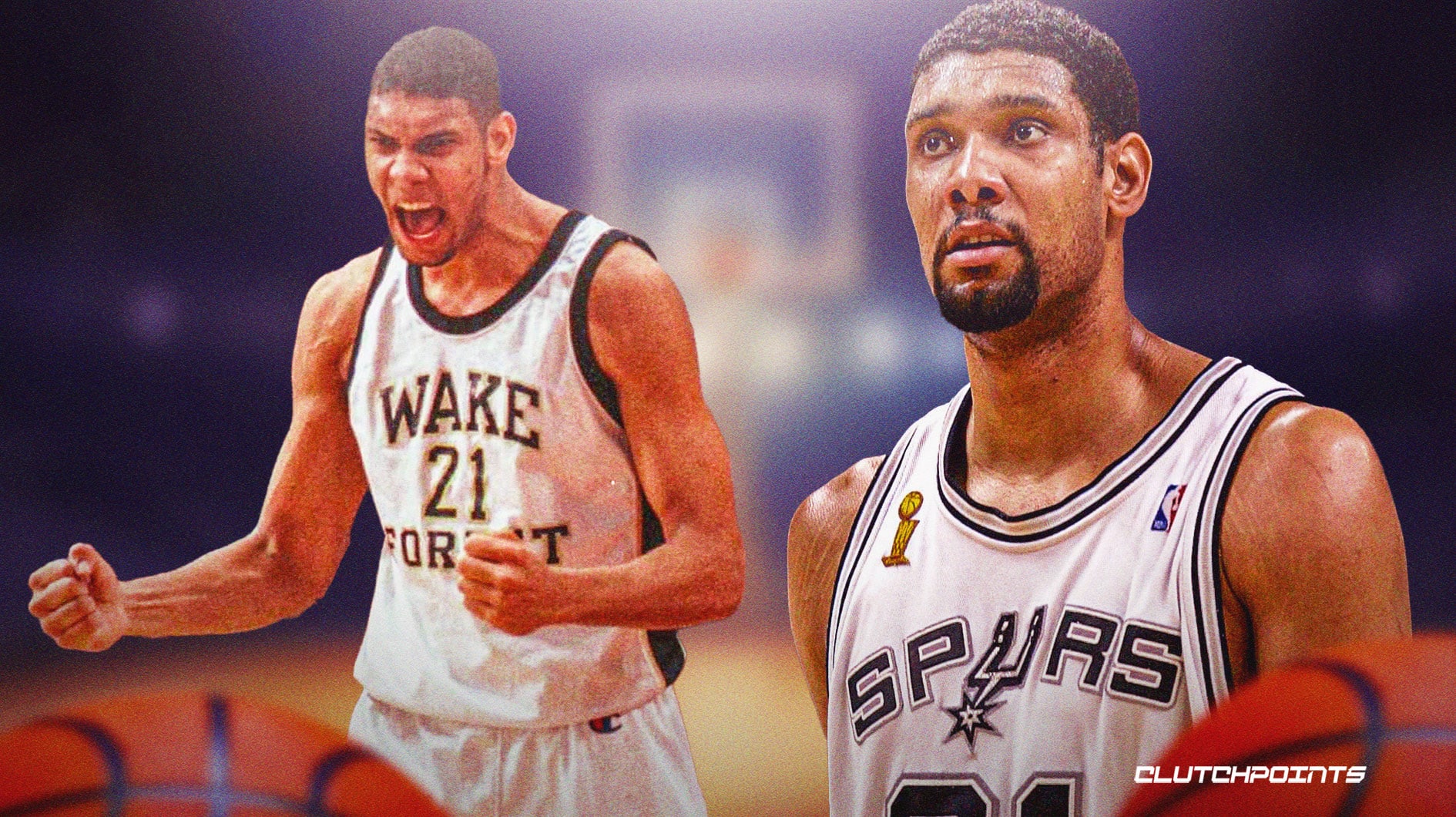 Tim Duncan in San Antonio Spurs jersey and in Wake Forest jersey