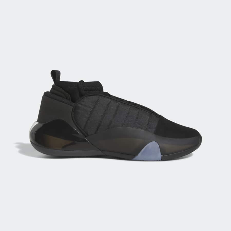 Adidas Harden Volume 7 basketball shoes - Core black colored on a light gray background.