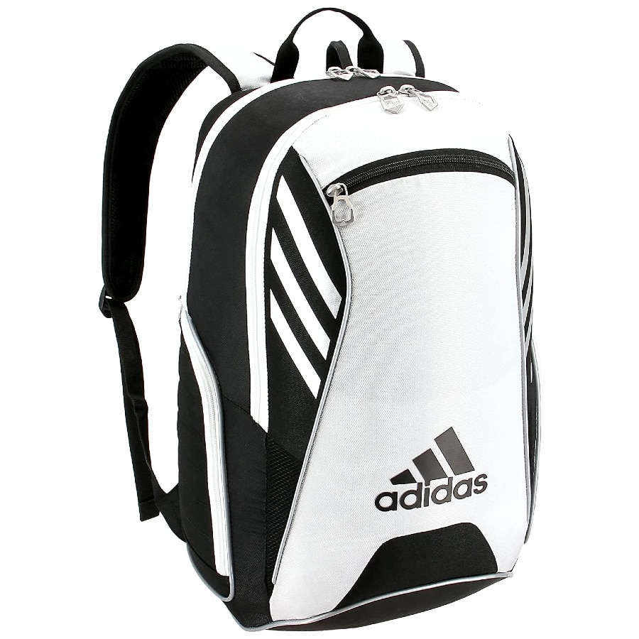 Adidas Tour tennis racket backpack - White/Black colorway on a white background.