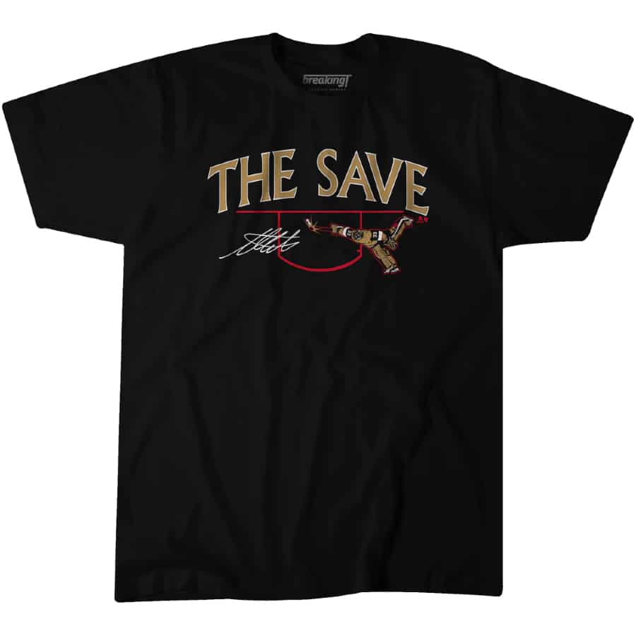 Adin Hill: The save t-shirt - Black colored on a white background.