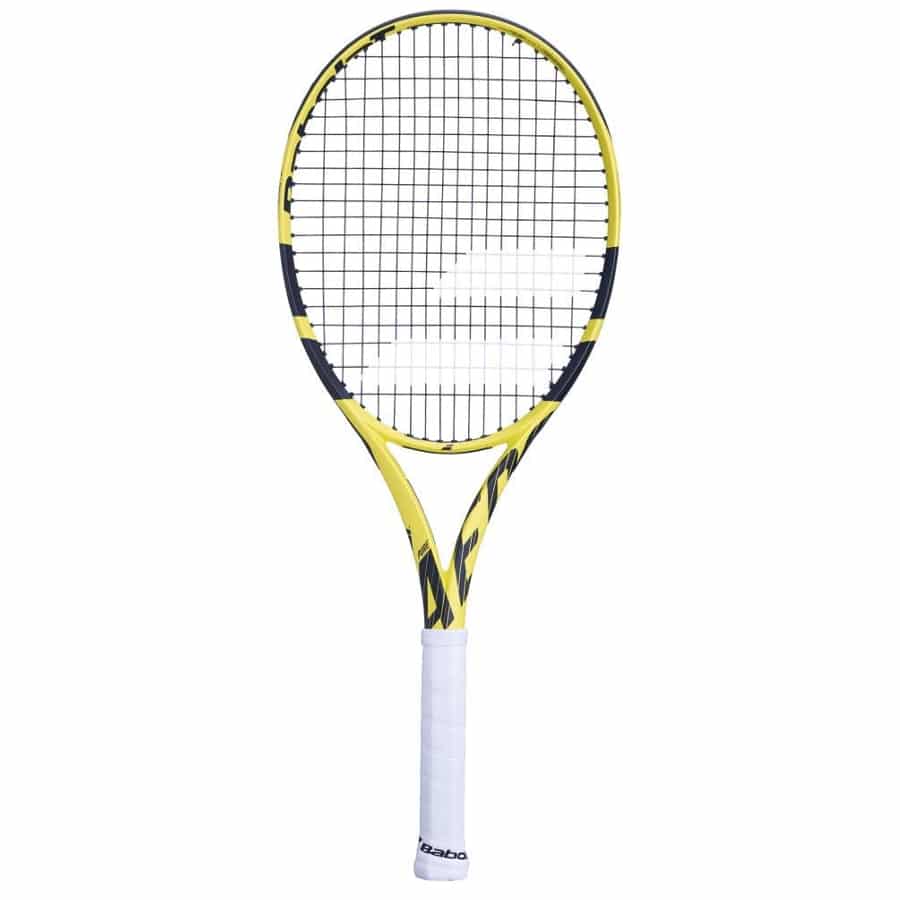 Best beginner racket:  Babolat Pure Aero Lite tennis racket - Yellow colored on a white background.