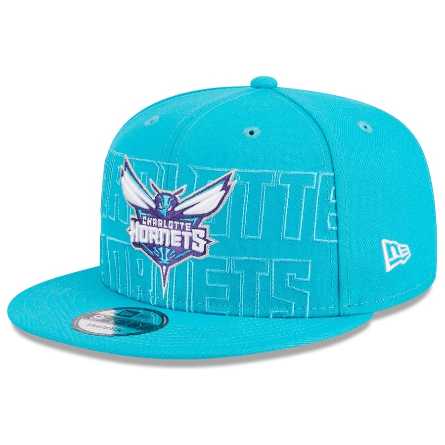 Charlotte Hornets New Era 2023 NBA Draft 9FIFTY snapback hat - Teal colored on a white background.