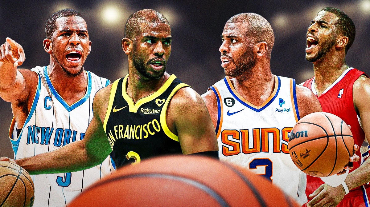 Chris Paul playing for the New Orleans Hornets, the Clippers, the Suns, and the Warriors.