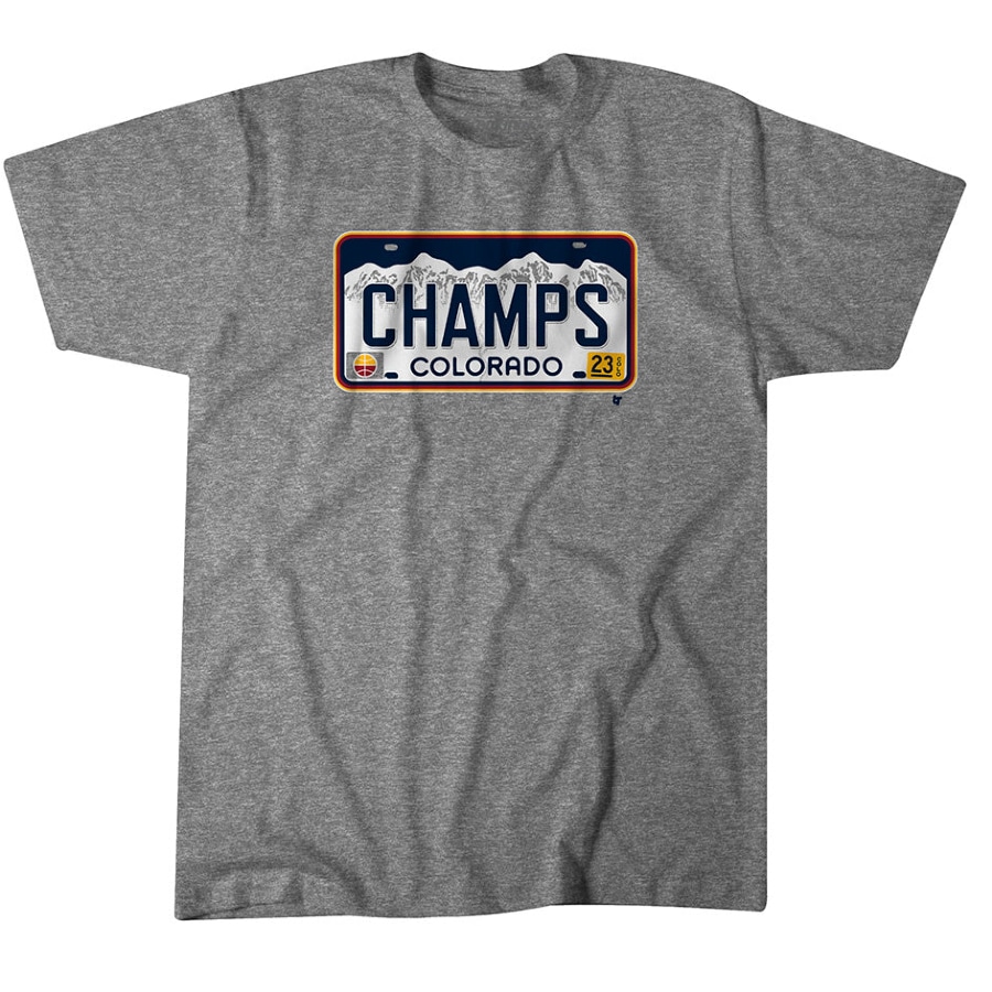 Denver Champs license plate t-shirt - Gray colored on a white background.