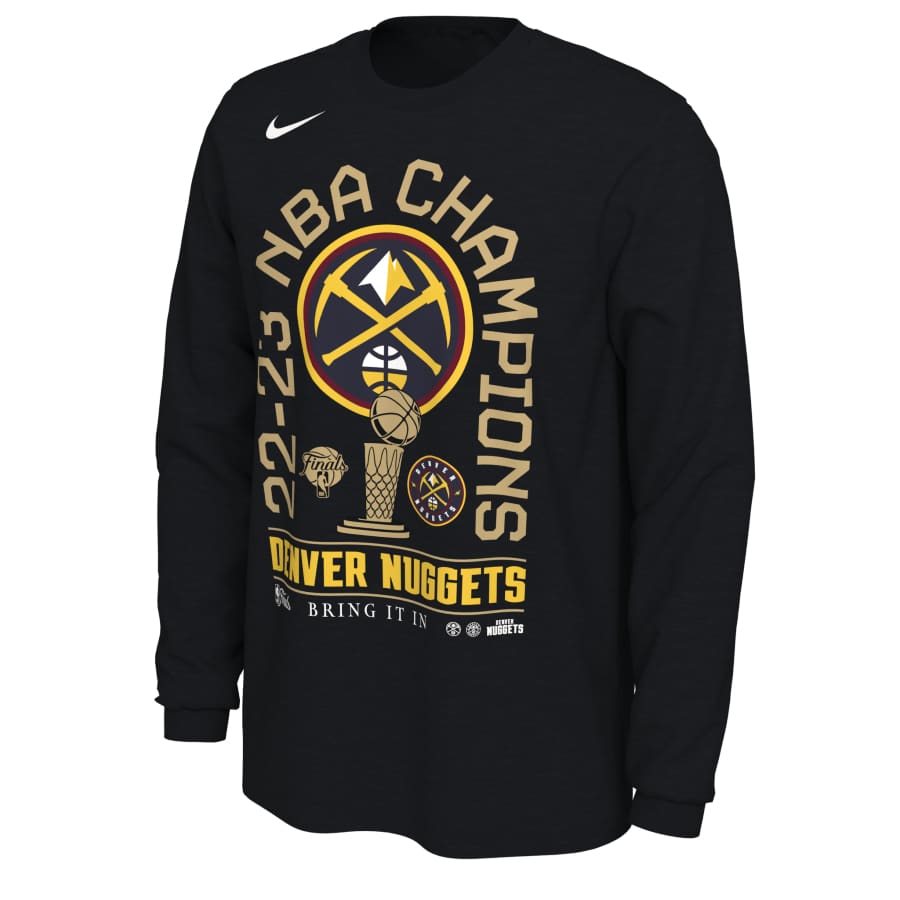 Denver Nuggets 2023 NBA Champions locker room long sleeve t-shirt - Black colored on a white background.