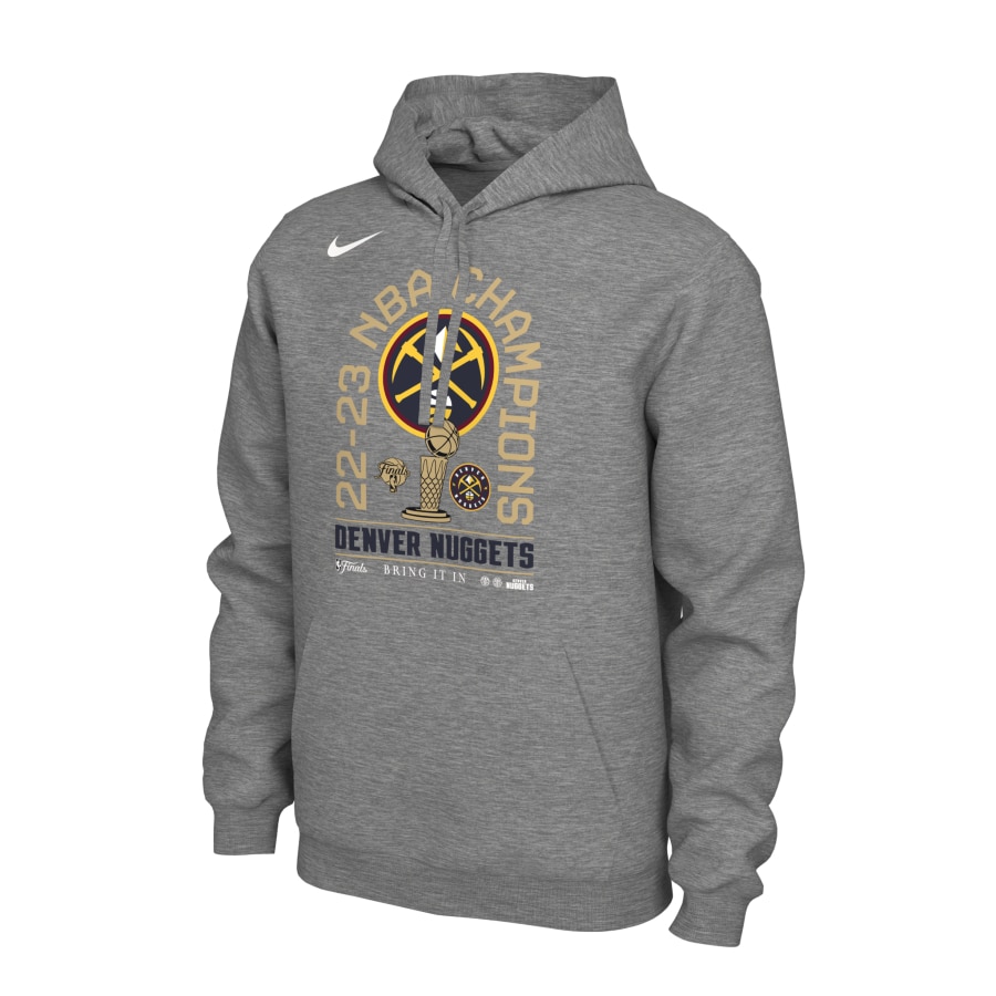 Denver Nuggets '23 NBA Finals Champions locker room hoodie - Heather Gray colored on a white background.