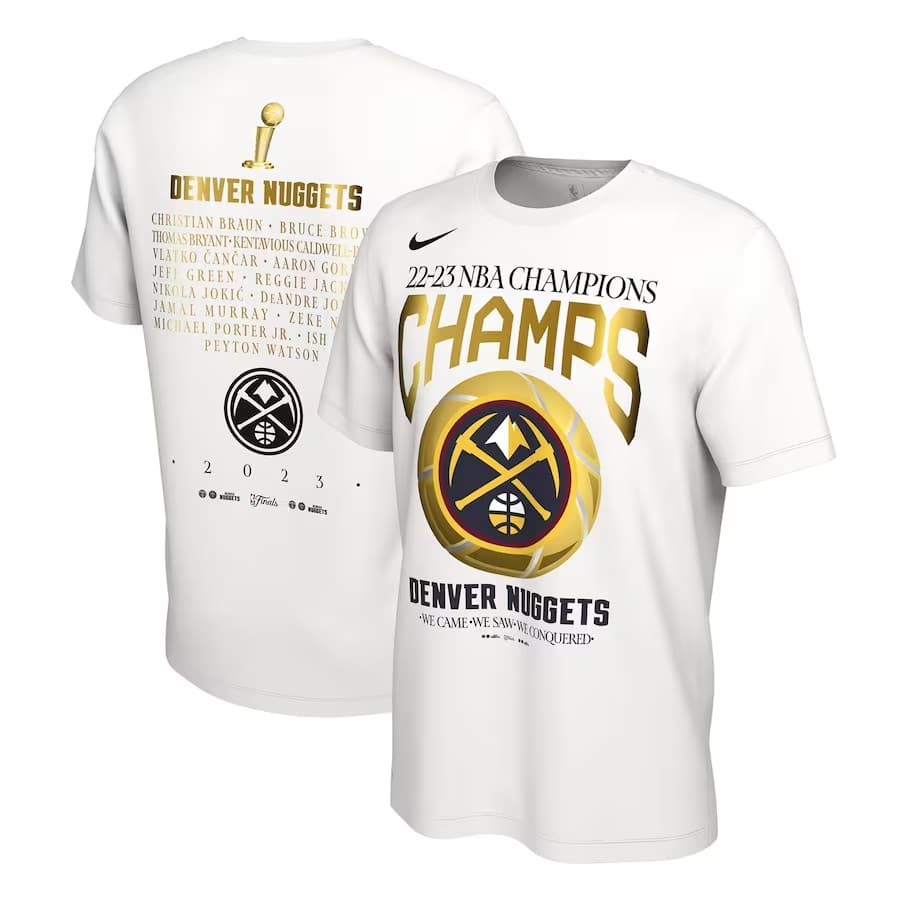 Denver Nuggets Nike 2023 NBA Finals champs roster t-shirt - White colored on a white background.