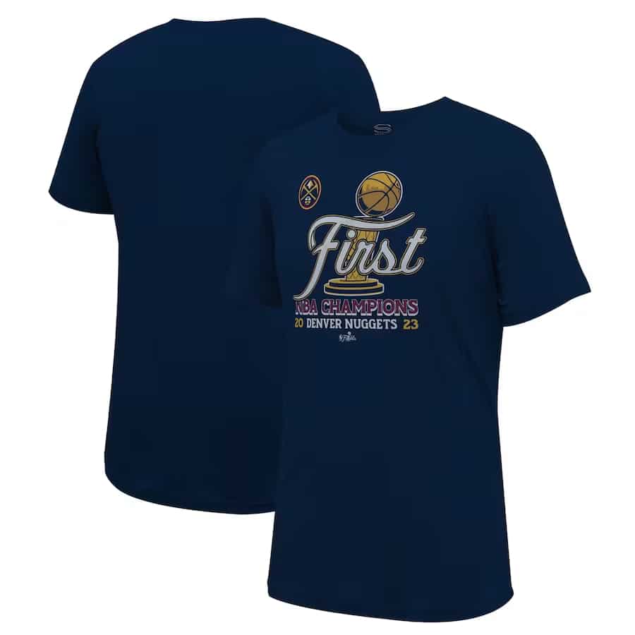 Denver Nuggets unisex 2023 NBA Finals champions t-shirt - Navy colored on a white background.