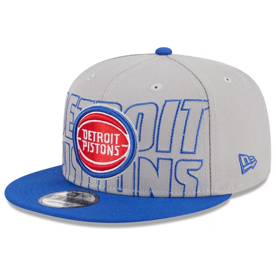 Detroit Pistons New Era '23 NBA Draft 9FIFTY snapback hat - Gray/Blue colorway on a white background.