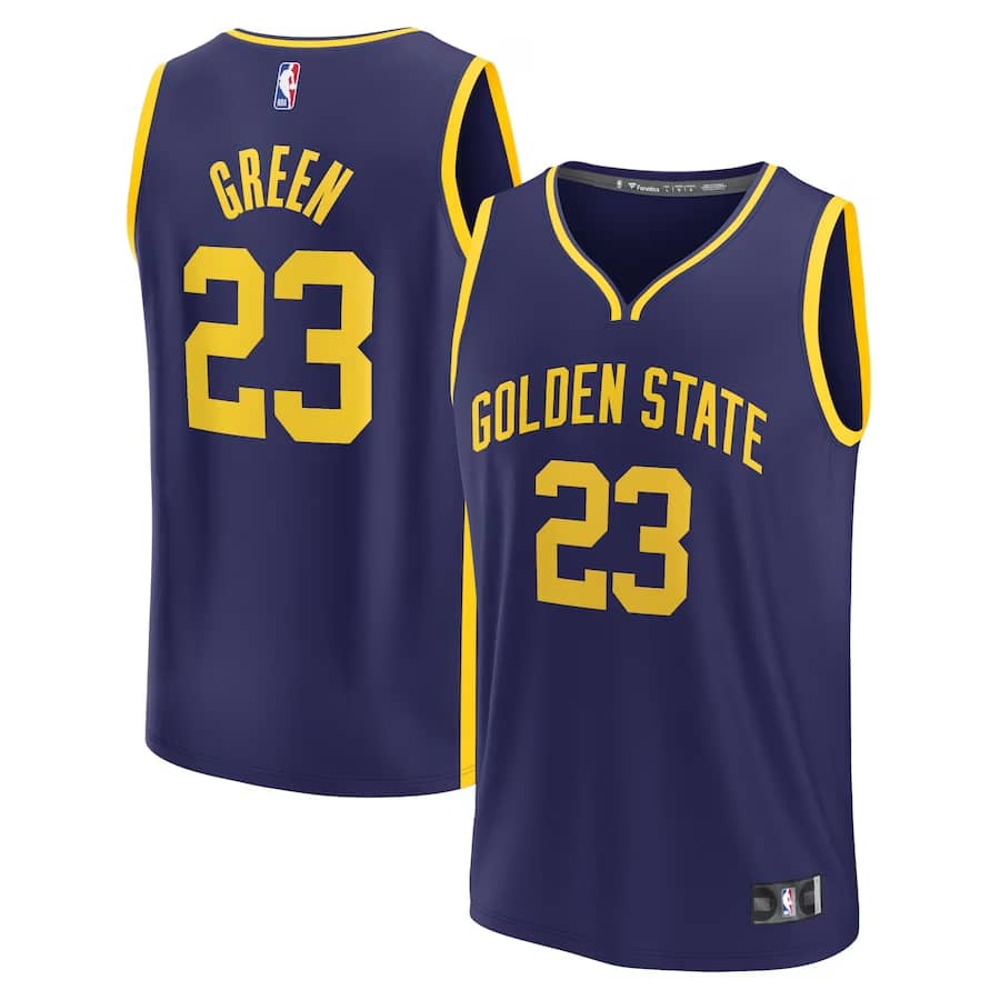 Draymond Green Golden State Warriors statement edition jersey - Navy colored on a white background.