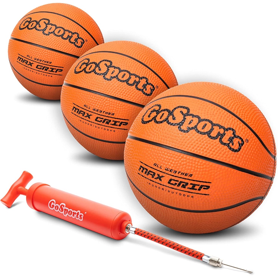 GoSports 7 inch mini basketball 3 pack with premium pump on a white background.