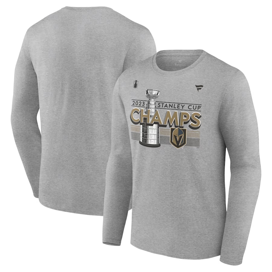 Golden Knights '23 Stanley Cup Champs long sleeve t-shirt - Heather gray colorway on a white background.
