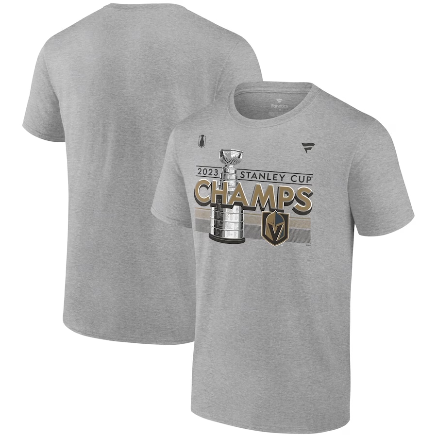 Golden Knights '23 Stanley Cup champs locker room t-shirt - Heather gray color on a white background.