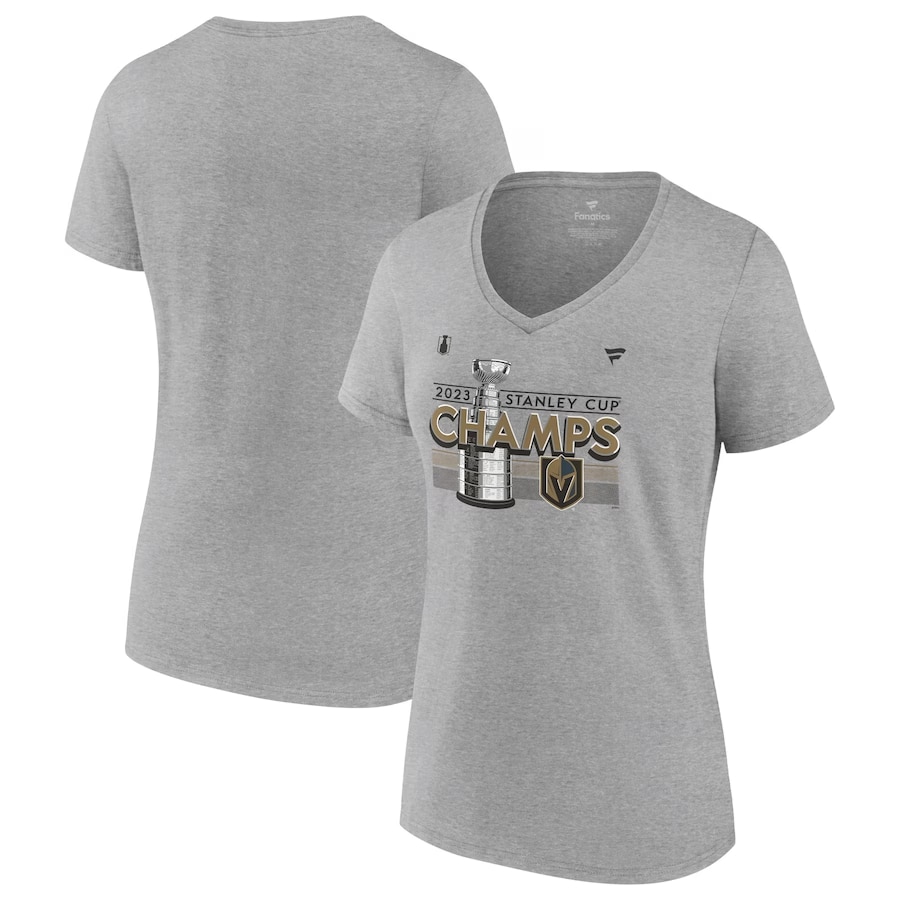 Golden Knights women's '23 Stanley Cup Champs locker t-shirt - Heather gray colored on a white background.