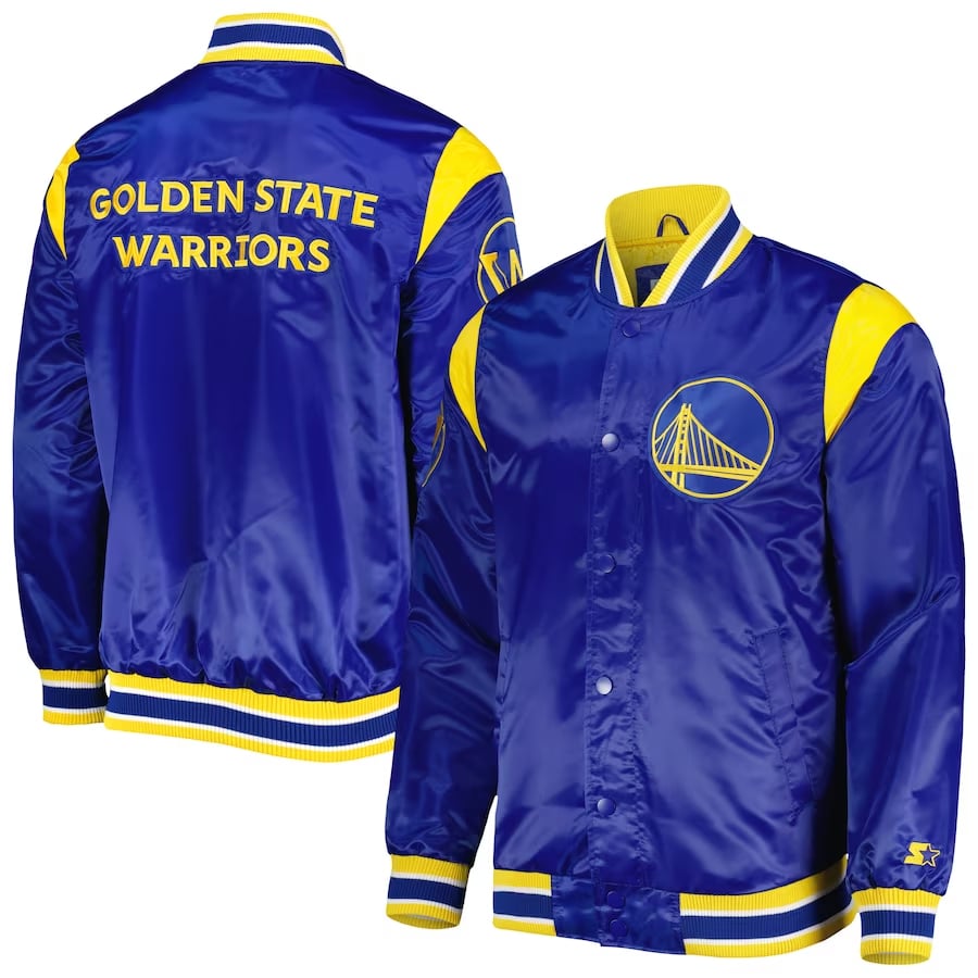 Golden State Warriors Starter satin full-snap Varsity jacket - Royal blue colored on a white background.