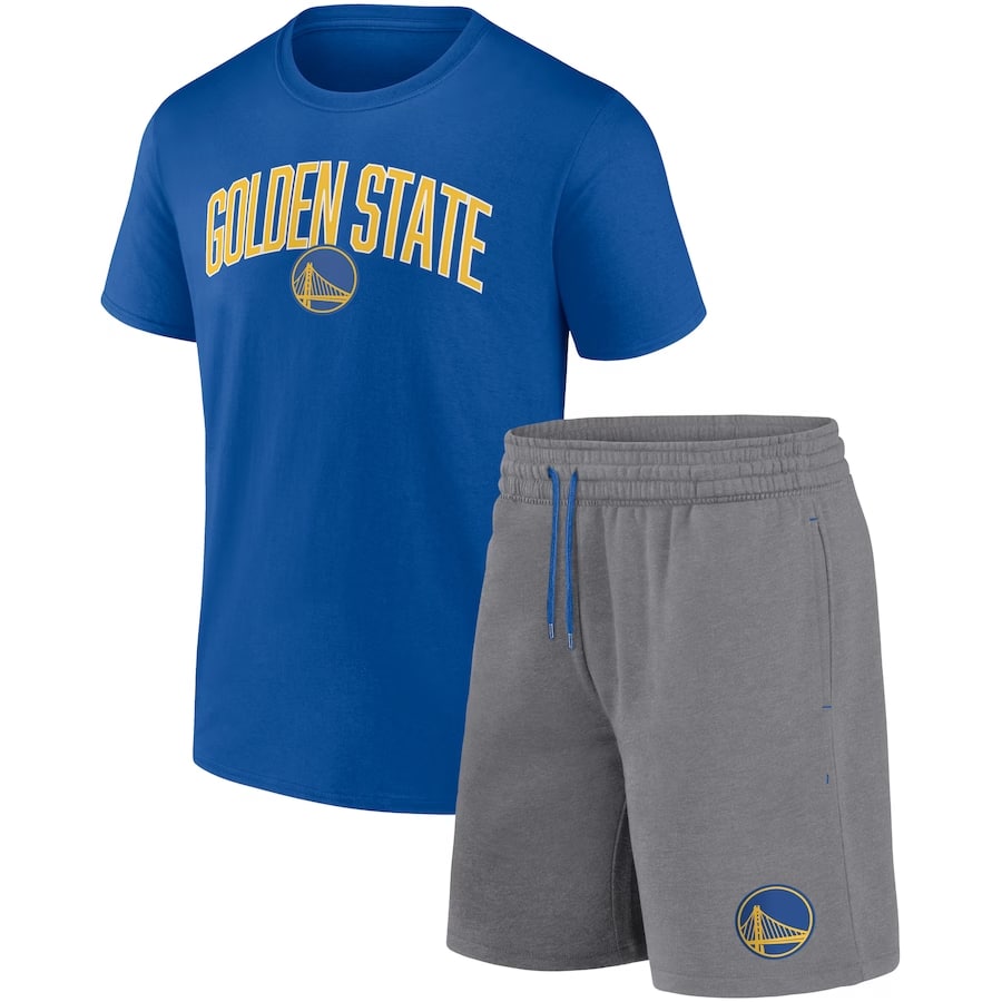 Golden State Warriors t-shirt & shorts set - Royal blue/Heather Gray colorways on a white background.