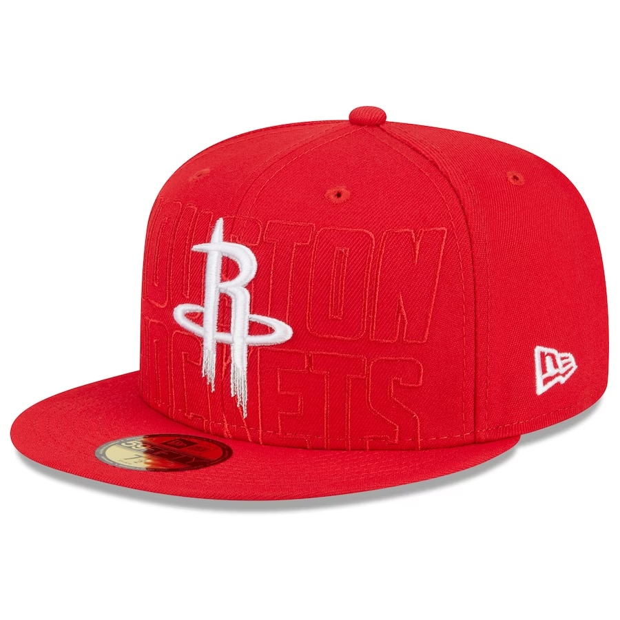 Houston Rockets New Era 2023 NBA Draft 59FIFTY fitted hat - Red colored on a white background.