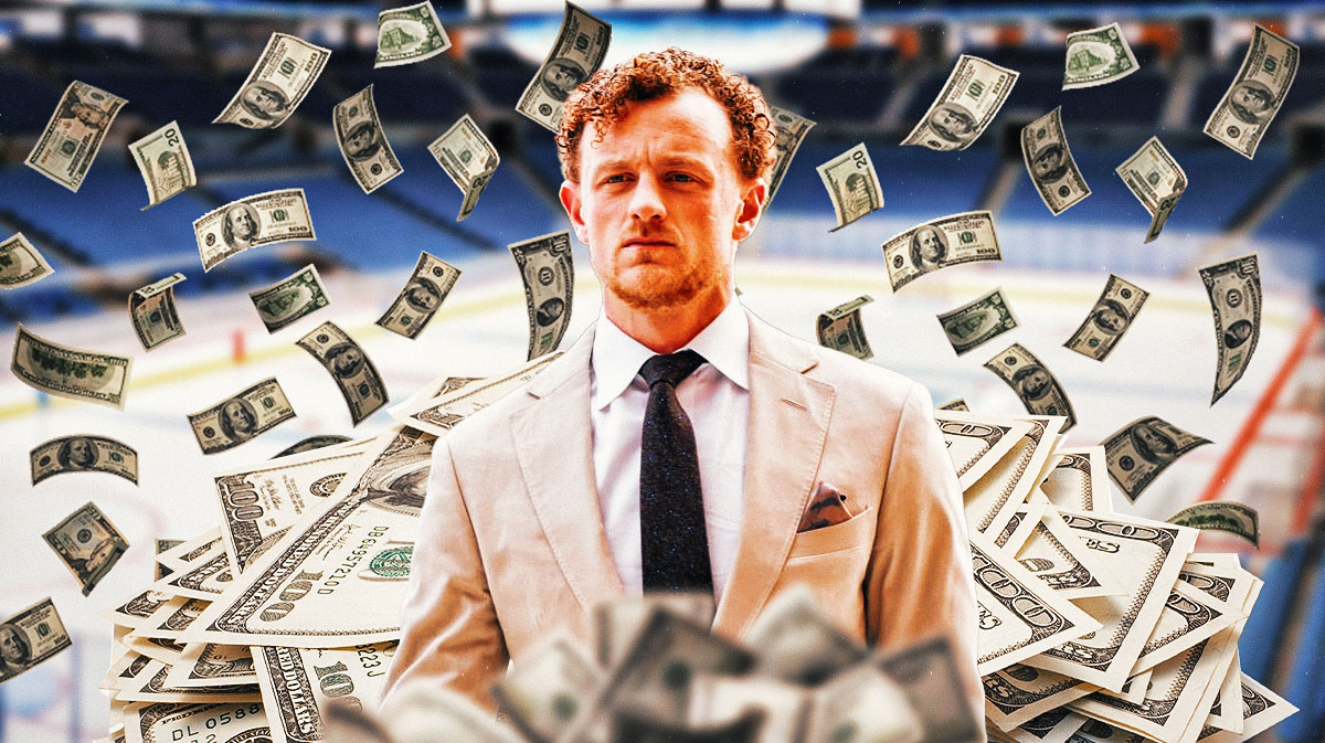 Jack Eichel surrounded by piles of cash.