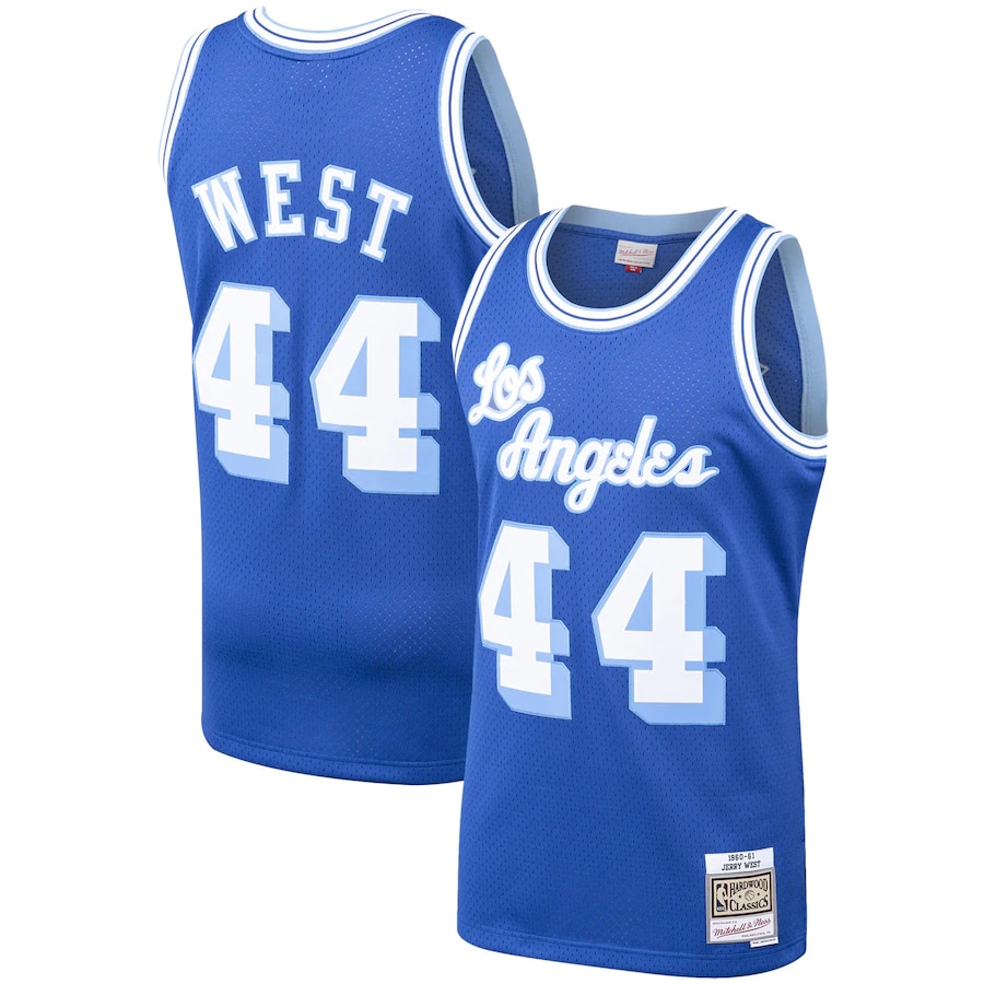 Jerry West Mitchell & Ness Hardwood Classics '60-61 jersey - Royal blue color on a white background.