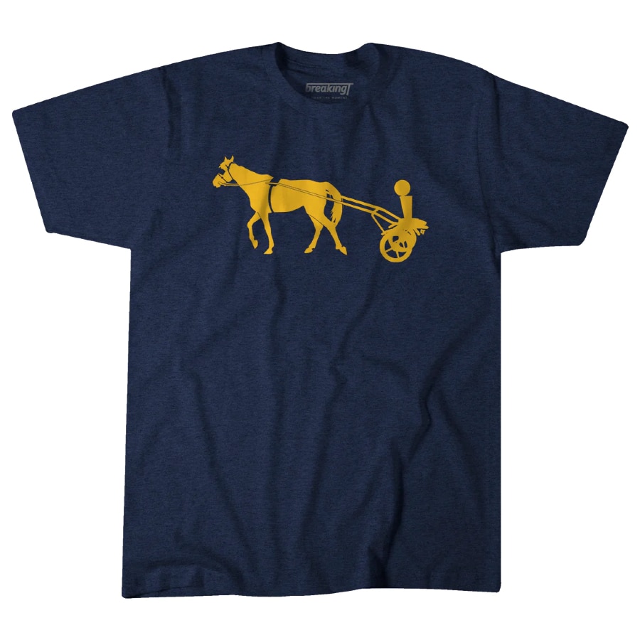 Joker horse cart t-shirt - Navy colorway on a white background.