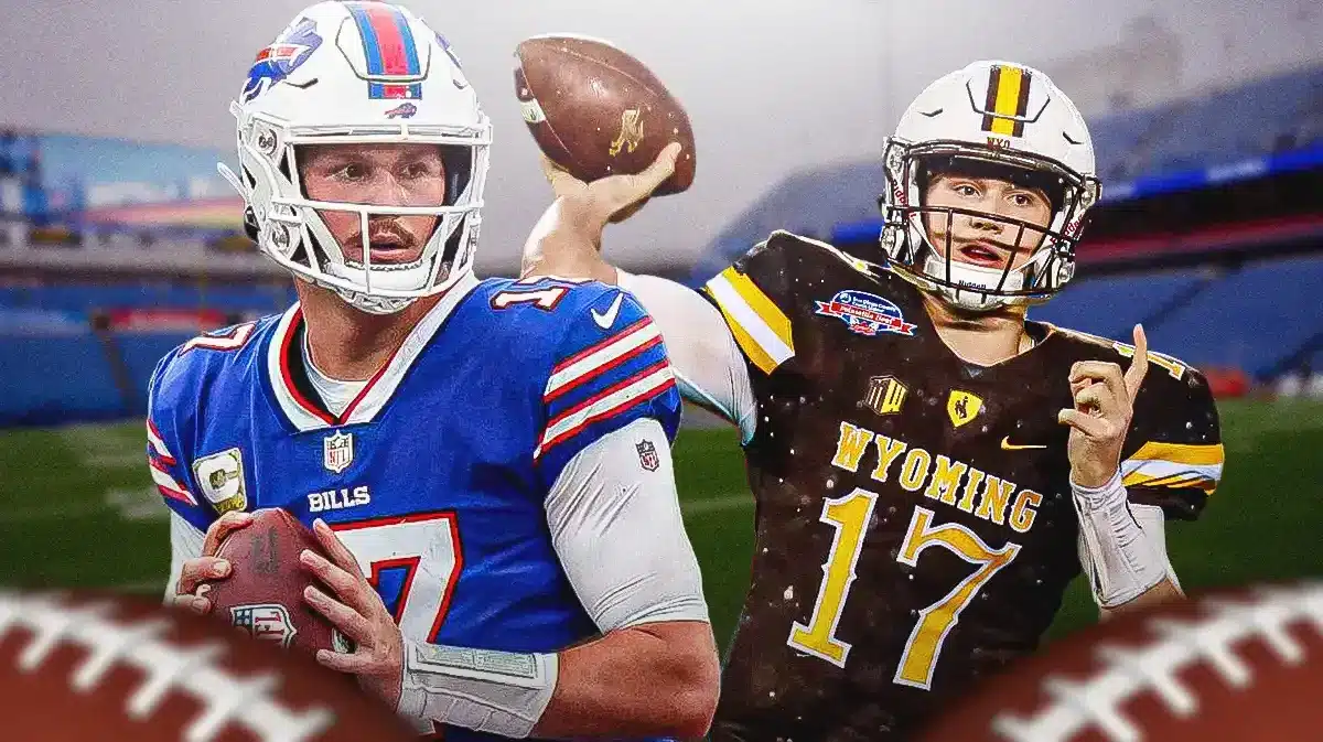 Josh Allen playing for the Buffalo Bills and the University of Wyoming.