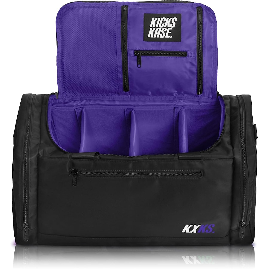 KXKS. (Kicks Kase) premium travel bag - Black/Purple colorway on a white background.