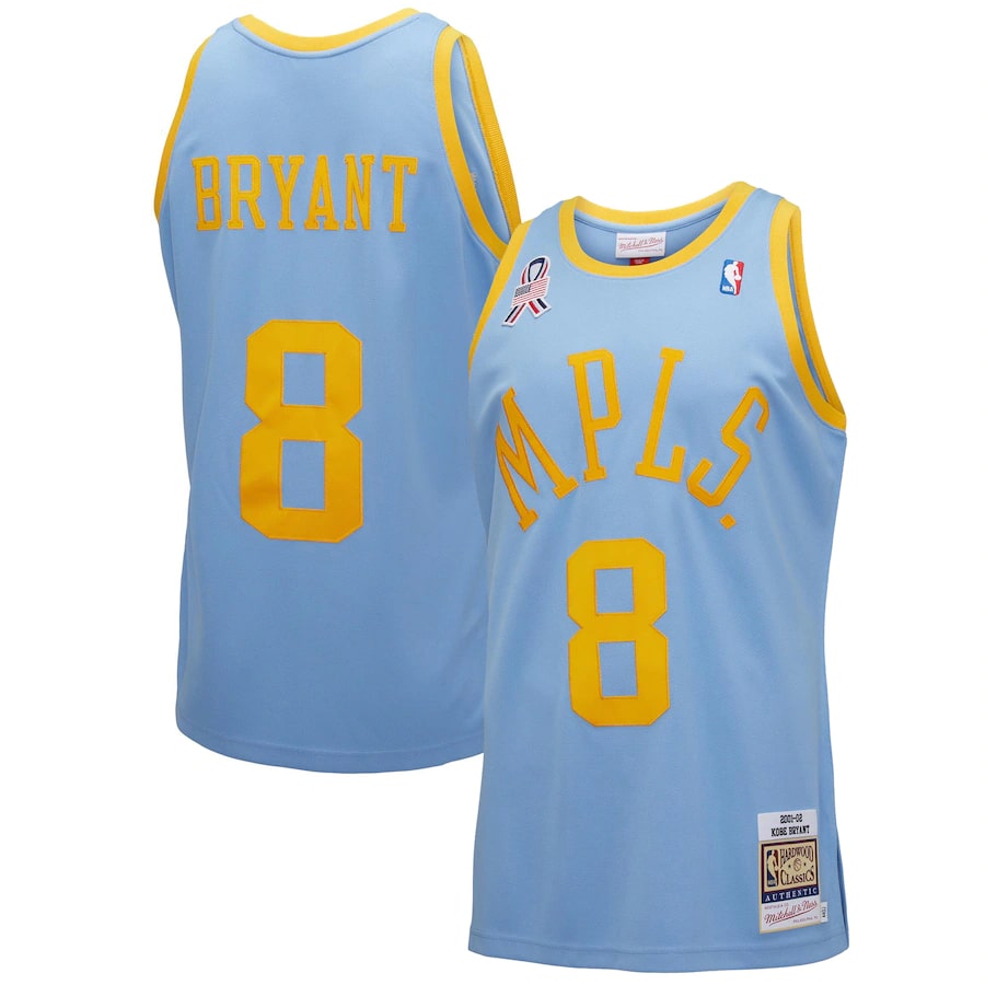 Kobe Bryant Mitchell & Ness Authentic 2001-02 jersey - Light blue colored on a white background.