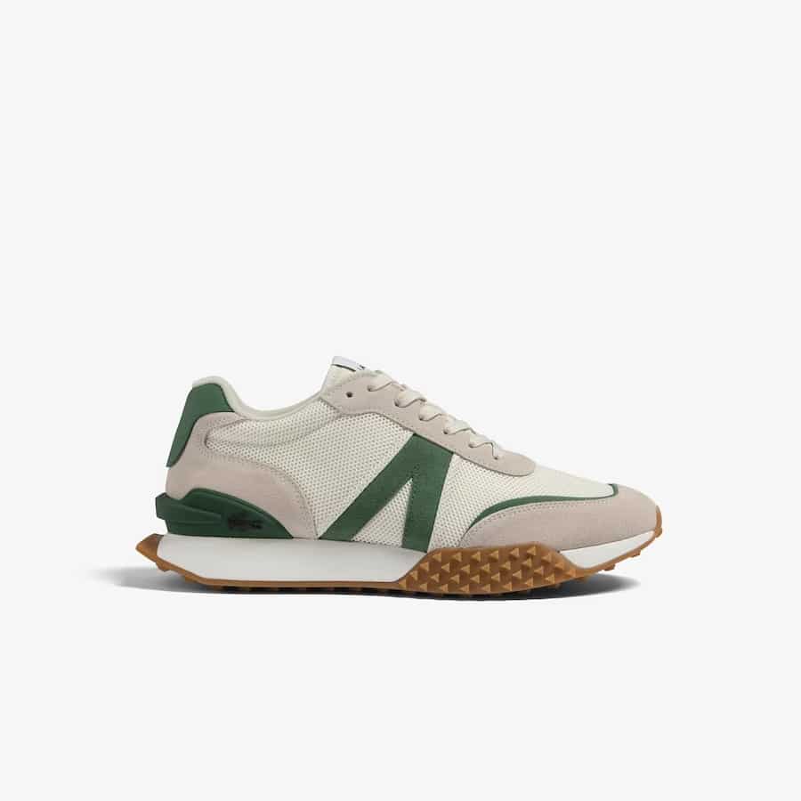 Lacoste L-Spin Deluxe leather sneakers - White/Green colorway on a light gray background.