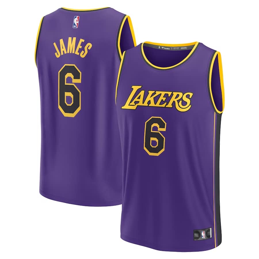 LeBron James Los Angeles Lakers replica jersey  Statement edition - Purple colored on a white background.