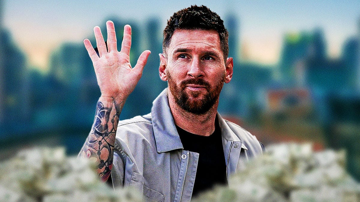 Lionel Messi surrounded by piles of cash.