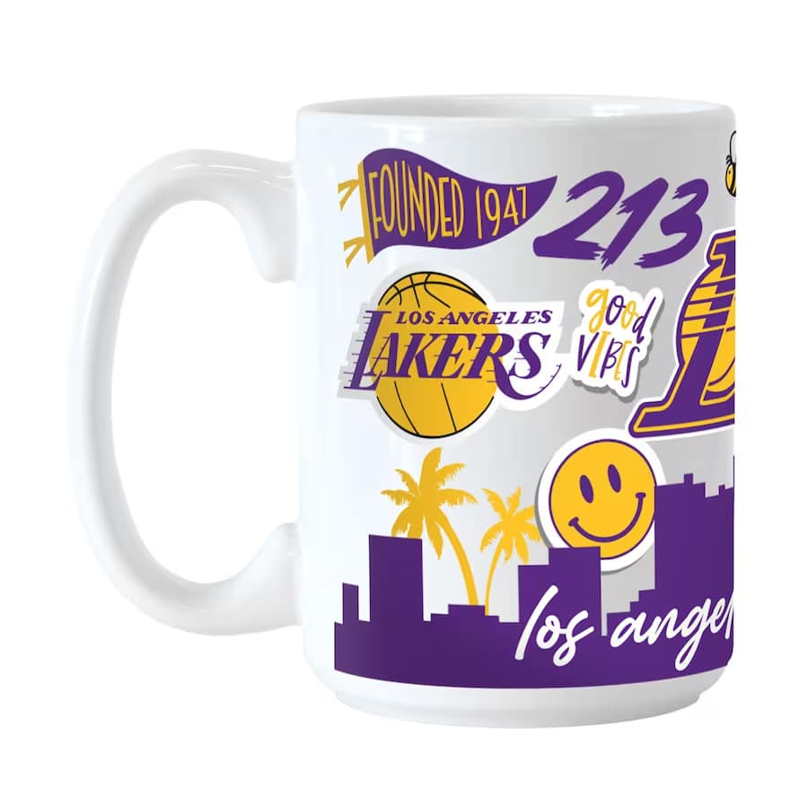 Los Angeles Lakers 15oz. native ceramic mug white colored on a white background.
